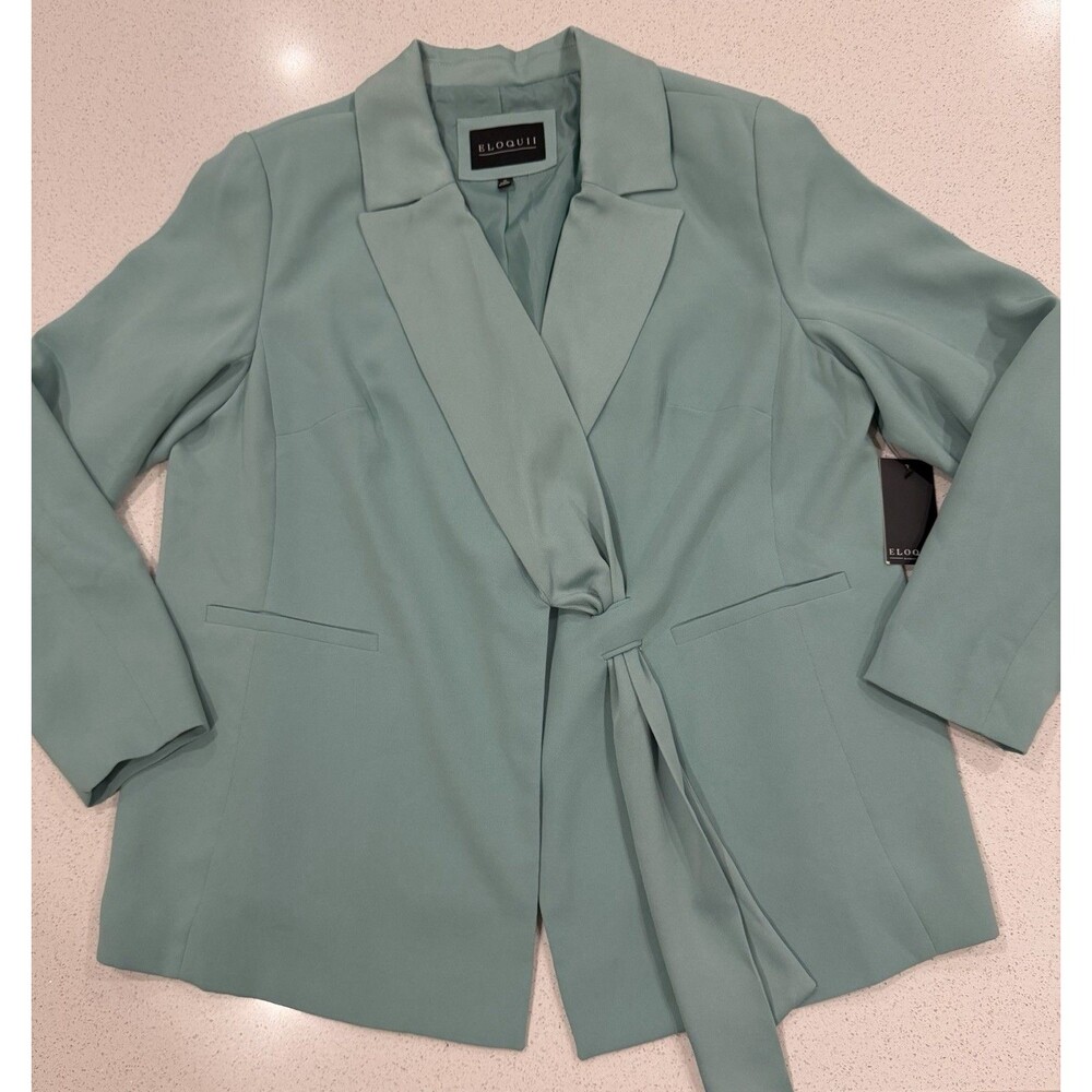 ELOQUII Women’s Mint Green Blazer With Draped Tie-waist And Lapel Collar Sz 16